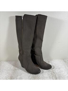 Fergalicious by Fergie Brown Wedge Knee High Boots Womens 7.5M Side Zip